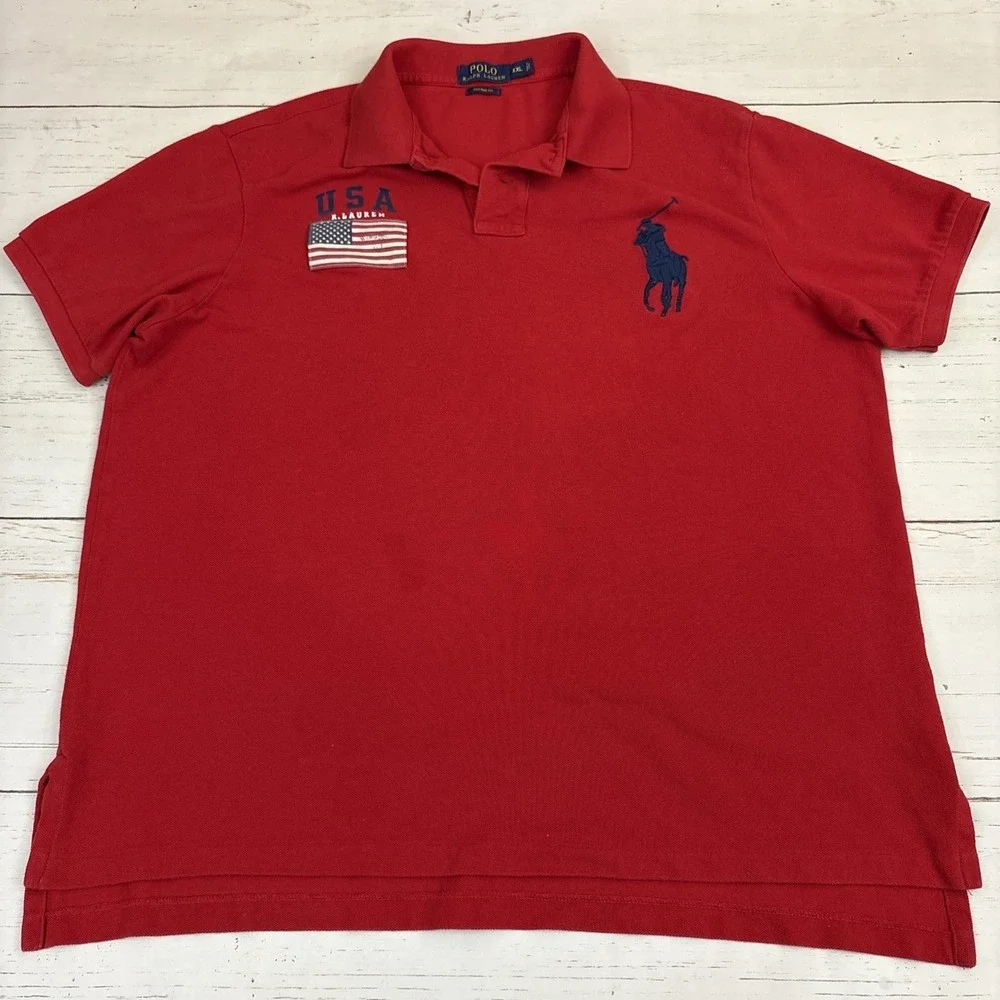 Polo Ralph Lauren Custom Fit Big Pony Polo Shirt Mens 2XL Red Flag Logo